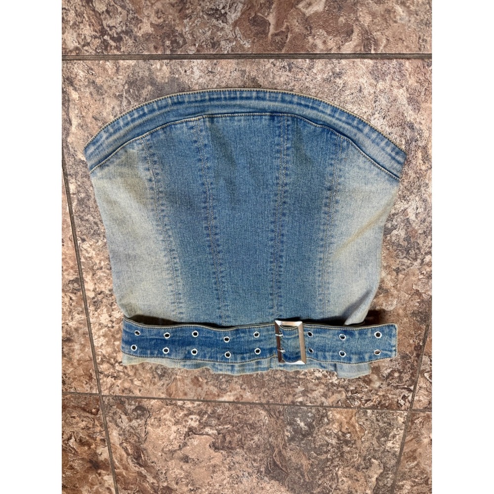 Silence + Noise Denim Tube Top Corset Belted Strapless Light Wash XS
